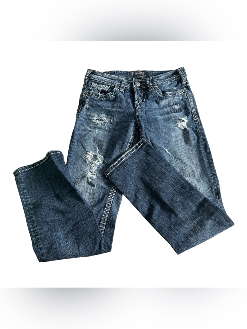 Silver Aiko Baby Boot Destructed Denim Jeans Womens 26 X‎ 31